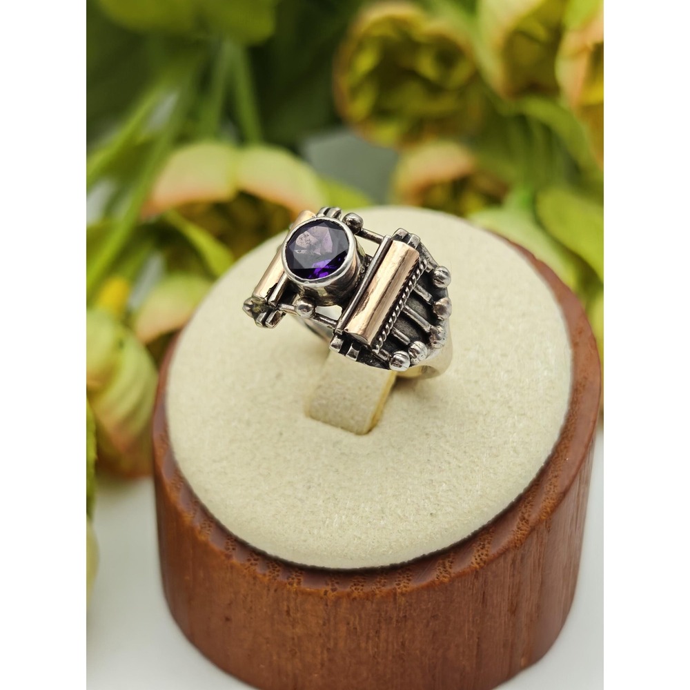 Artisan Iolite Sterling Silver 18K Gold Ring Womens Size 5 Blue Boho Brutalist